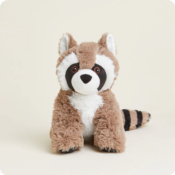Plush raccoon Warmies with lavender scent, microwavable and weighted for warmth and comfort.