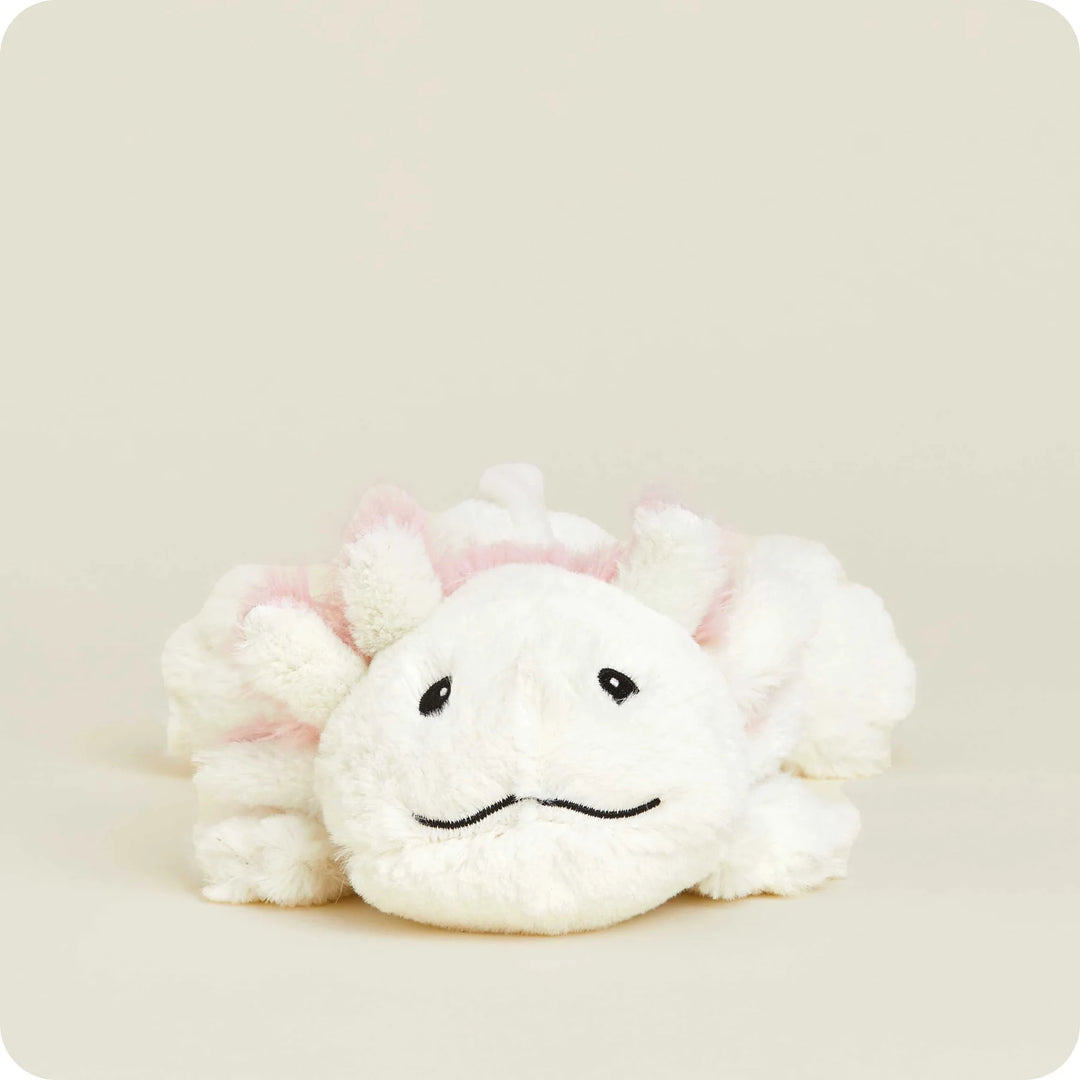 Axolotl Warmies® Junior plush, microwavable and lavender-scented, weighted for comfort, freezer safe, safe for all ages.