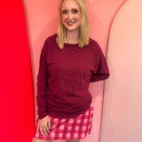 Cabernet cotton raglan top with thumbhole cuffs.