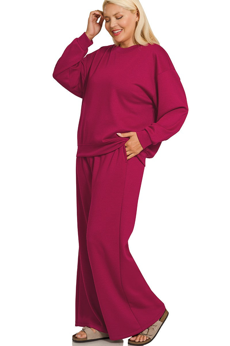 Cabernet Scuba Pullover & Pants Set, plus size, stretch knit with relaxed fit for everyday comfort.