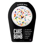 White bath bomb with sprinkles and almond buttercream scent, includes fun surprise inside.