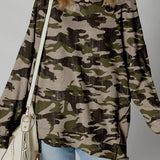 Neutral camo long sleeve pullover with relaxed fit in earthy green, tan, and charcoal tones.