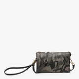 Camo crossbody bag with multiple compartments and adjustable strap in vegan leather