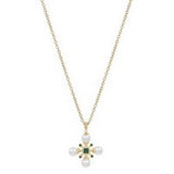 Capa Emerald Necklace, 16–18 in gold chain with pearl and emerald green cross pendant.