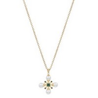 Capa Emerald Necklace, 16–18 in gold chain with pearl and emerald green cross pendant.