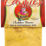 Carmies Cheddar Bacon Dip Mix with smoky bacon and cheddar flavor, perfect for parties or baked potatoes.
