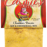 Carmies Cheddar Bacon Dip Mix with smoky bacon and cheddar flavor, perfect for parties or baked potatoes.