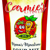 Carmies Mama’s Minestrone Soup mix with diced tomatoes, ready to serve warm and hearty.