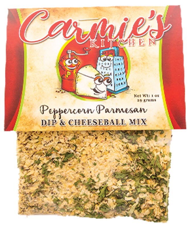Carmies Peppercorn Parmesan Dip Mix with creamy Parmesan, garlic, and black peppercorn flavor for snacking.