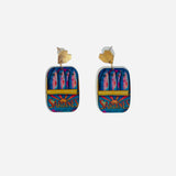 Colorful sardine tin earrings with gold heart studs and vintage inspired design.