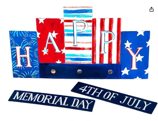 Patriotic HAPPY board with glitter letters and interchangeable holiday magnets.