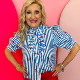 Blue and white striped cherry print blouse with ruffle neckline, puff sleeves, and button front design