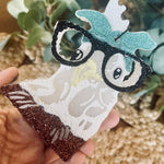 Chicken with glasses car freshener hanging with colorful design and long lasting scent