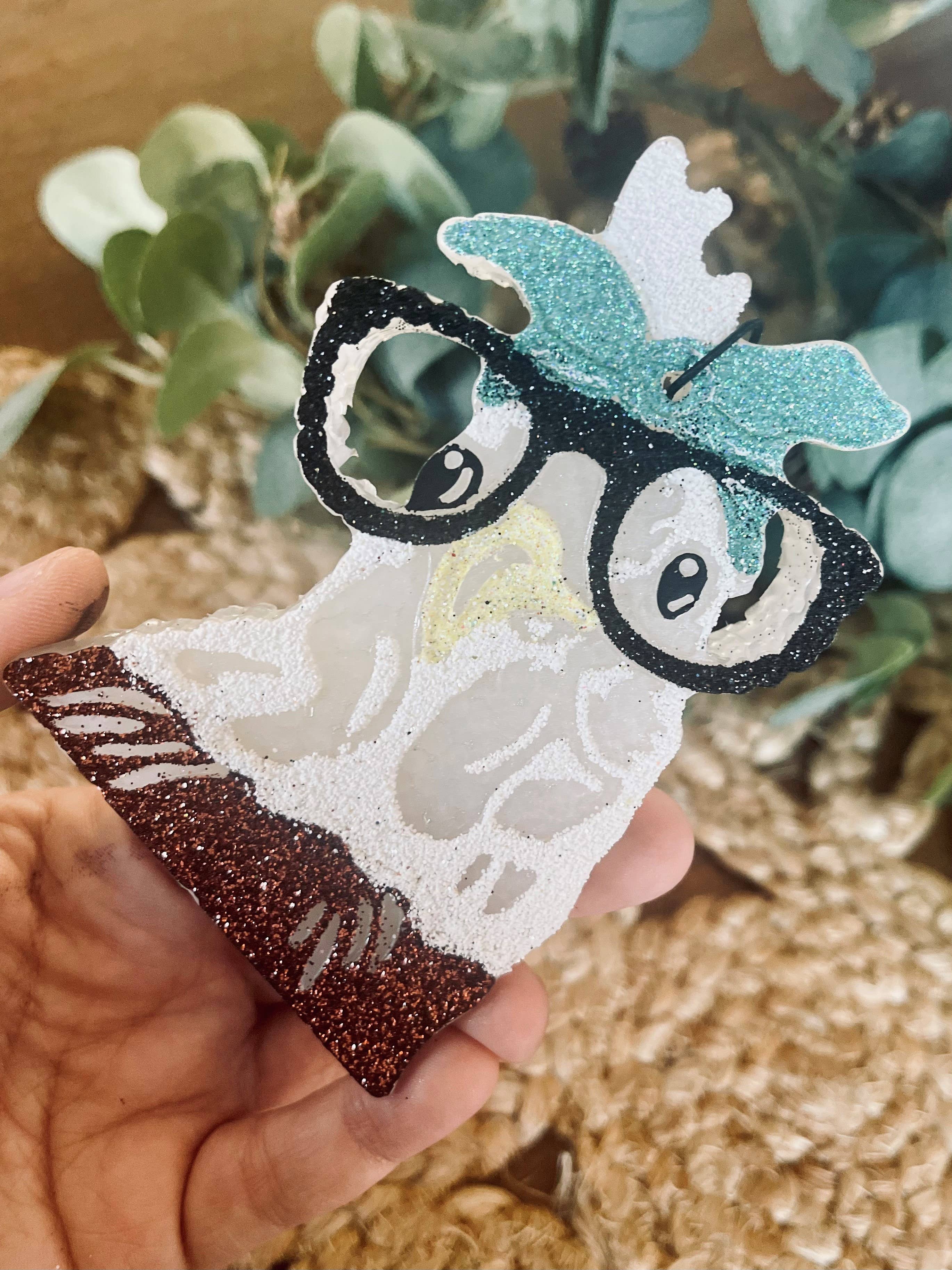 Chicken with glasses car freshener hanging with colorful design and long lasting scent