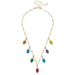 Gold-tone Christmas necklace with colorful enamel light bulb charms in blue, green, pink, purple, yellow, and orange.