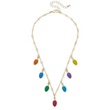 Gold-tone Christmas necklace with colorful enamel light bulb charms in blue, green, pink, purple, yellow, and orange.