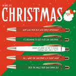 Set of 5 funny Christmas pens with festive sayings, perfect for gifting or holiday desk humor.