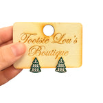 Green enamel Christmas tree stud earrings with gold outline and white garland design.