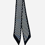 Black and white silky twilly scarf with diagonal striped design.