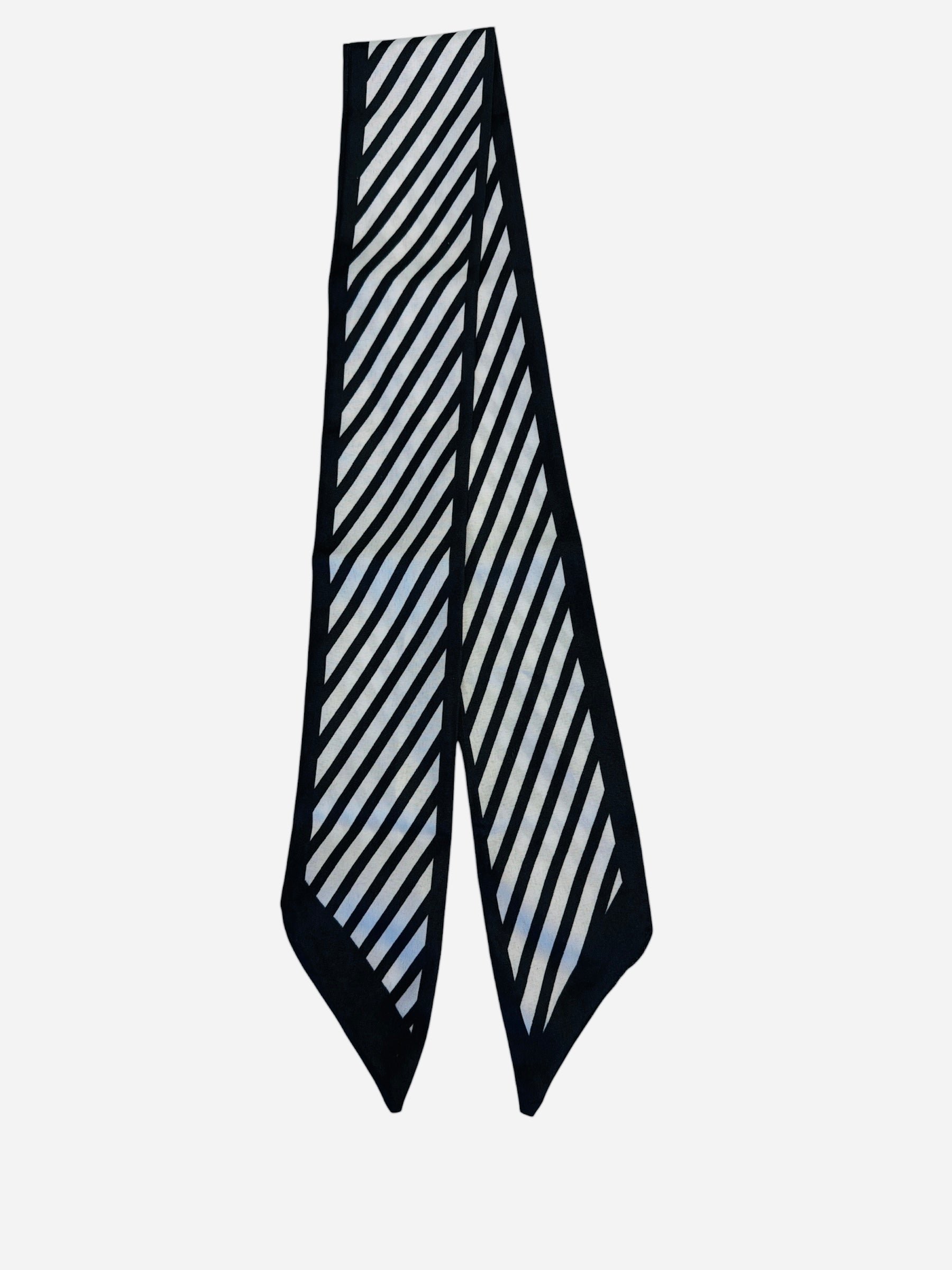 Black and white silky twilly scarf with diagonal striped design.
