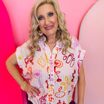 Pink and white striped button down with coastal cocktail illustrations, collar, and full button front