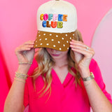 Coffee Club hat with multicolor embroidery and brown polka dot bill.
