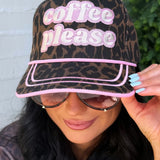 Leopard print Coffee Please hat with pink contrast trim and embroidered lettering.