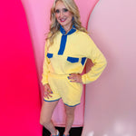 Yellow and royal blue colorblock lounge set with long sleeve pullover top and coordinating shorts