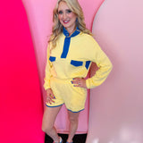 Yellow and royal blue colorblock lounge set with long sleeve pullover top and coordinating shorts