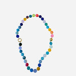Multicolor candy bead charm necklace with gold accents and front clasp for interchangeable charms. 