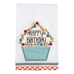 Colorful cupcake tea towel with sprinkles, string lights, and “Happy Birthday” design.