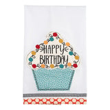 Colorful cupcake tea towel with sprinkles, string lights, and “Happy Birthday” design.