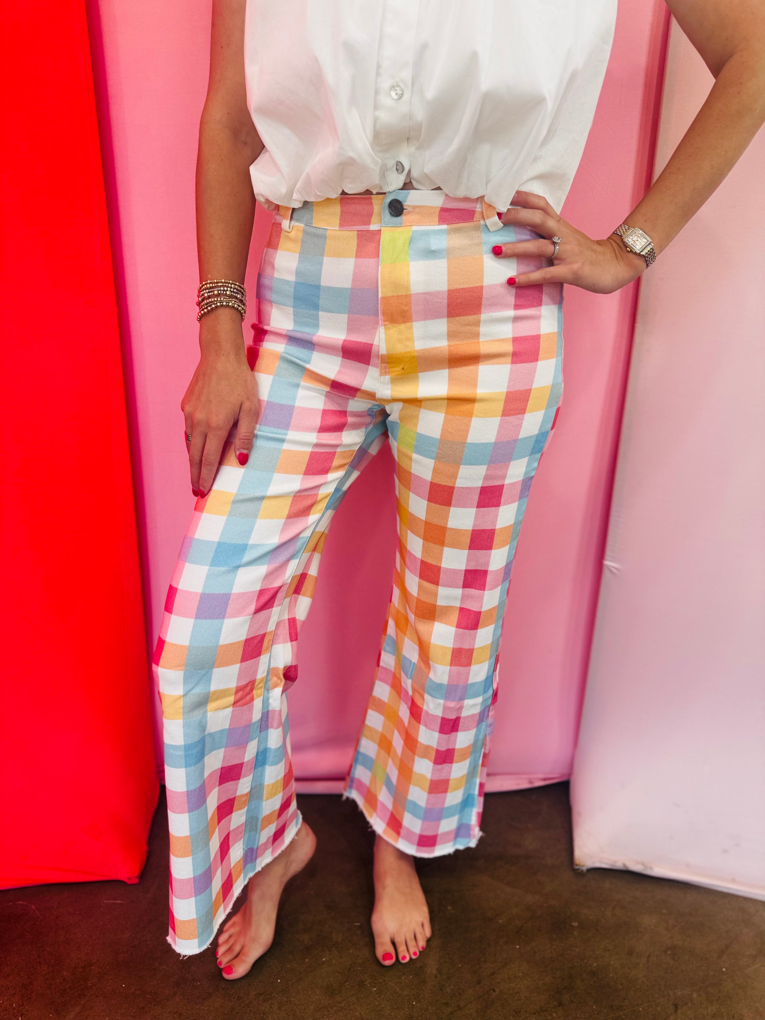 Pastel gingham high-rise wide leg cropped jeans with stretch denim.