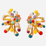 Starburst earrings with colorful enamel tips, pearl accents, and sparkling rhinestones.