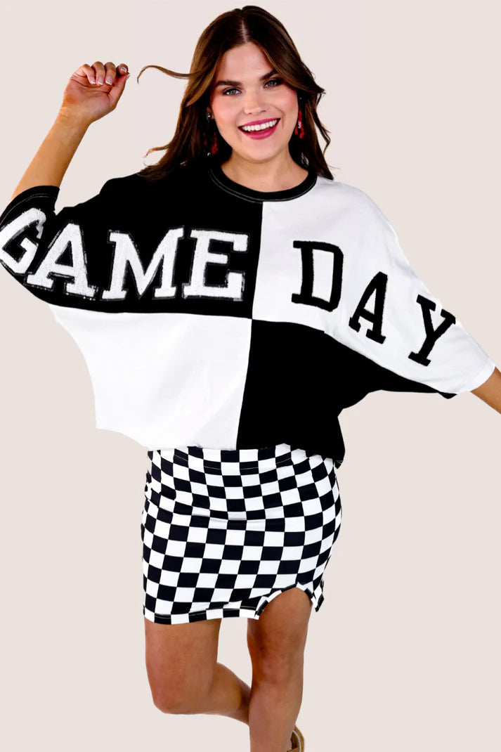 Black and white color block 3/4 sleeve length top with GAMEDAY chenille letters