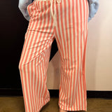 Coral and white striped wide leg pants with elastic drawstring waist and pockets