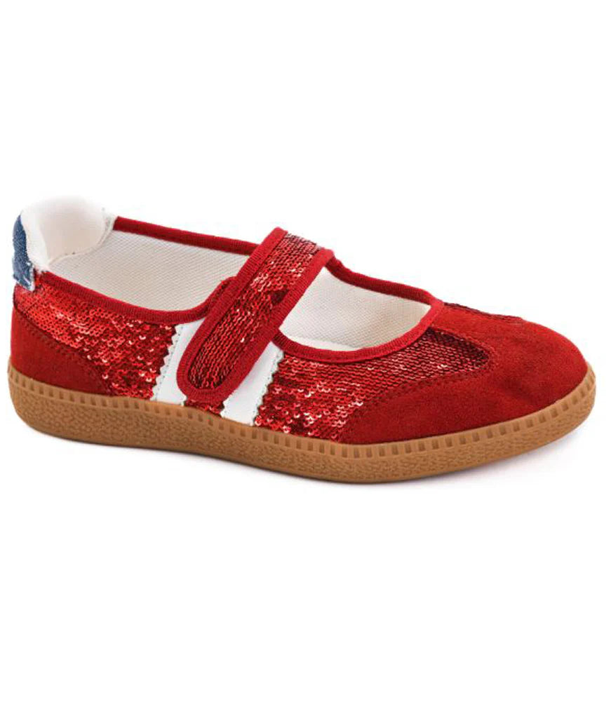 Red sequin Mary Jane flats with blue heel and white star accents.