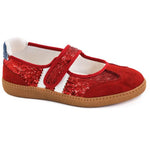 Red sequin Mary Jane flats with blue heel and white star accents.