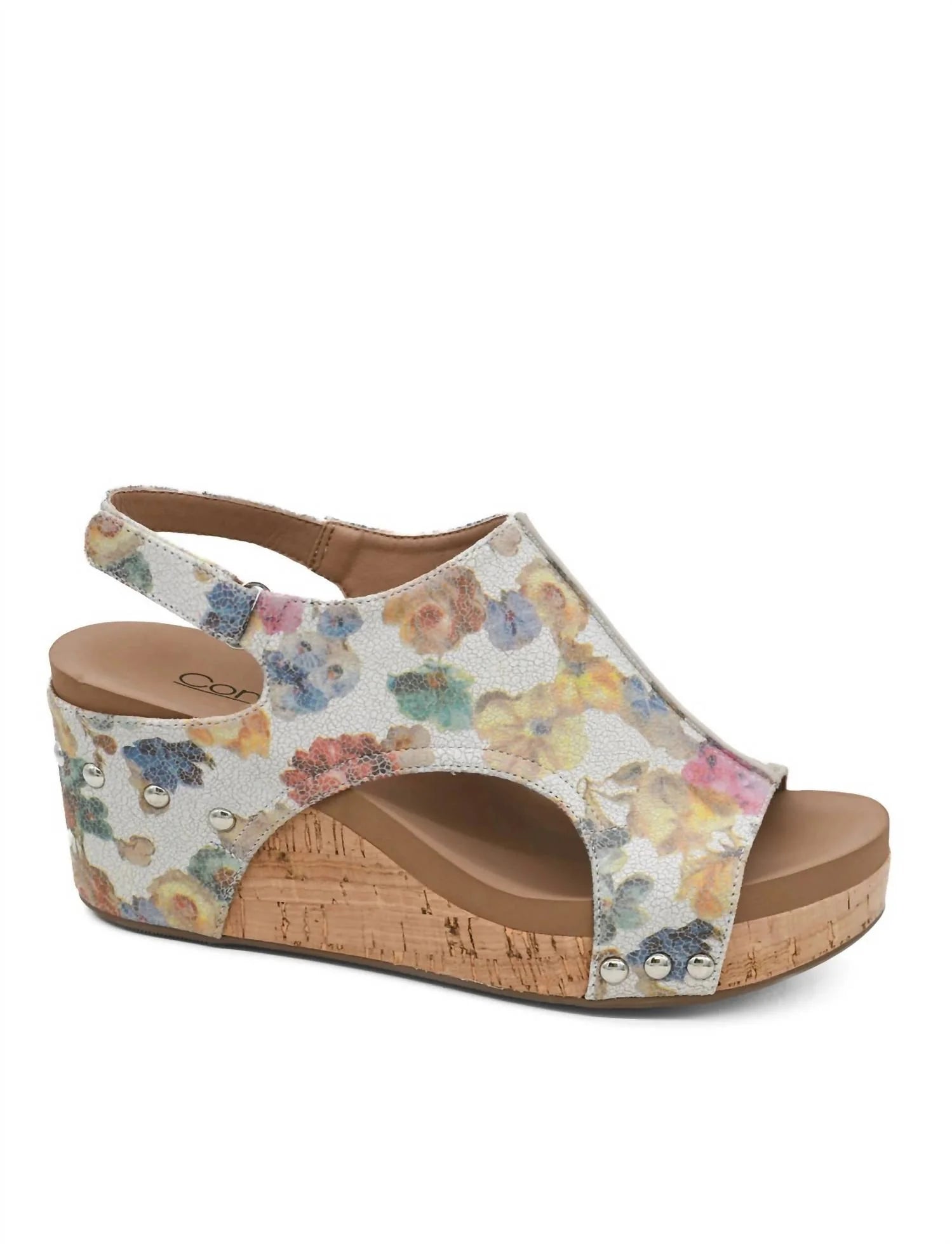 Floral cork wedge sandal with peep toe and adjustable strap