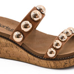 Corky’s Cognac Happy Go Lucky wedge sandals with gold studs.