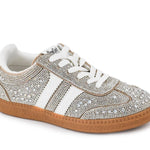 Silver rhinestone Corky's low-top sneakers with white stripe accents and lace-up closure.