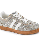 Silver rhinestone Corky's low-top sneakers with white stripe accents and lace-up closure.