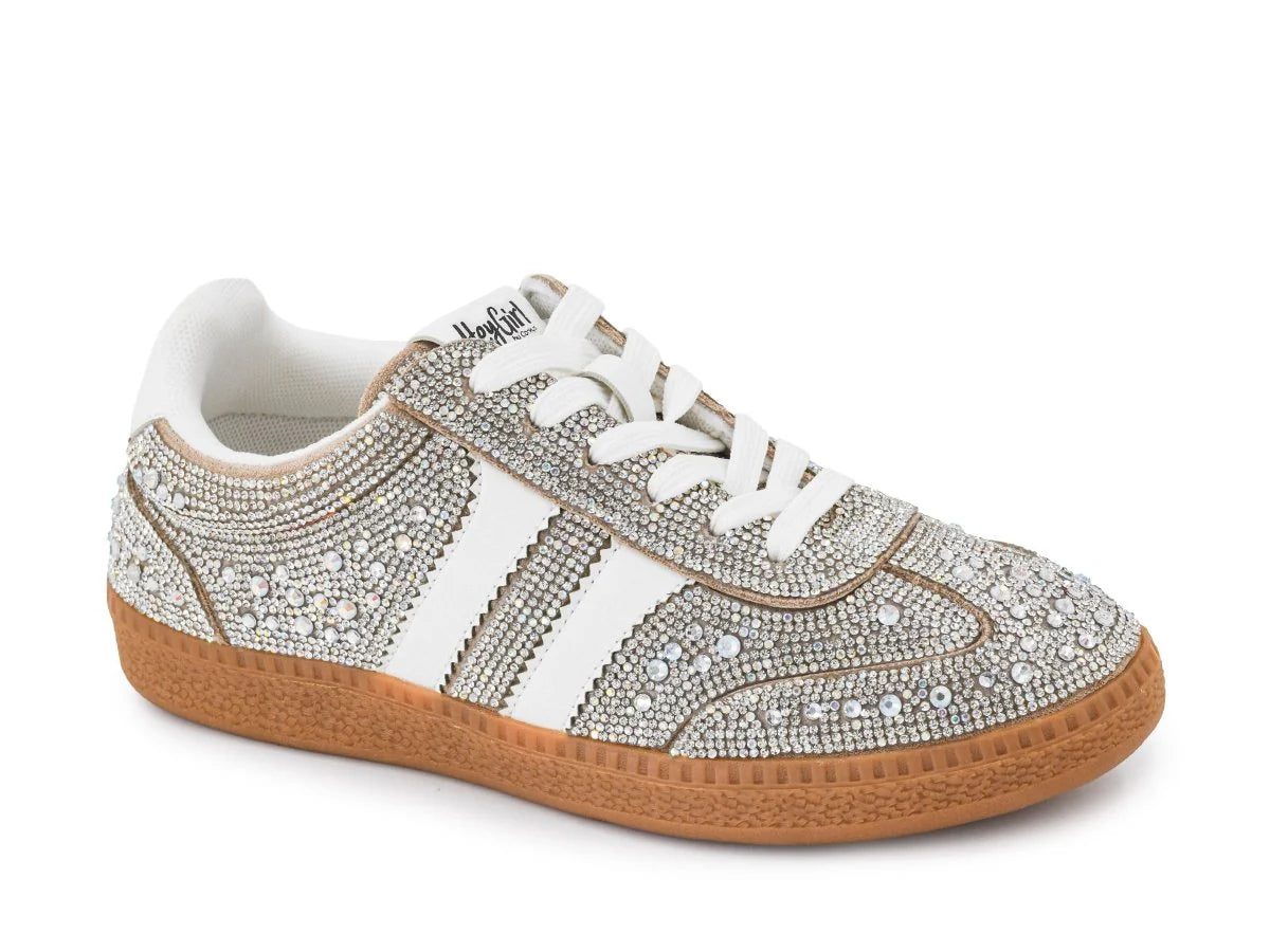 Silver rhinestone Corky's low-top sneakers with white stripe accents and lace-up closure.