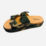 Camo slide sandals with two oversized bow straps and cushioned platform sole