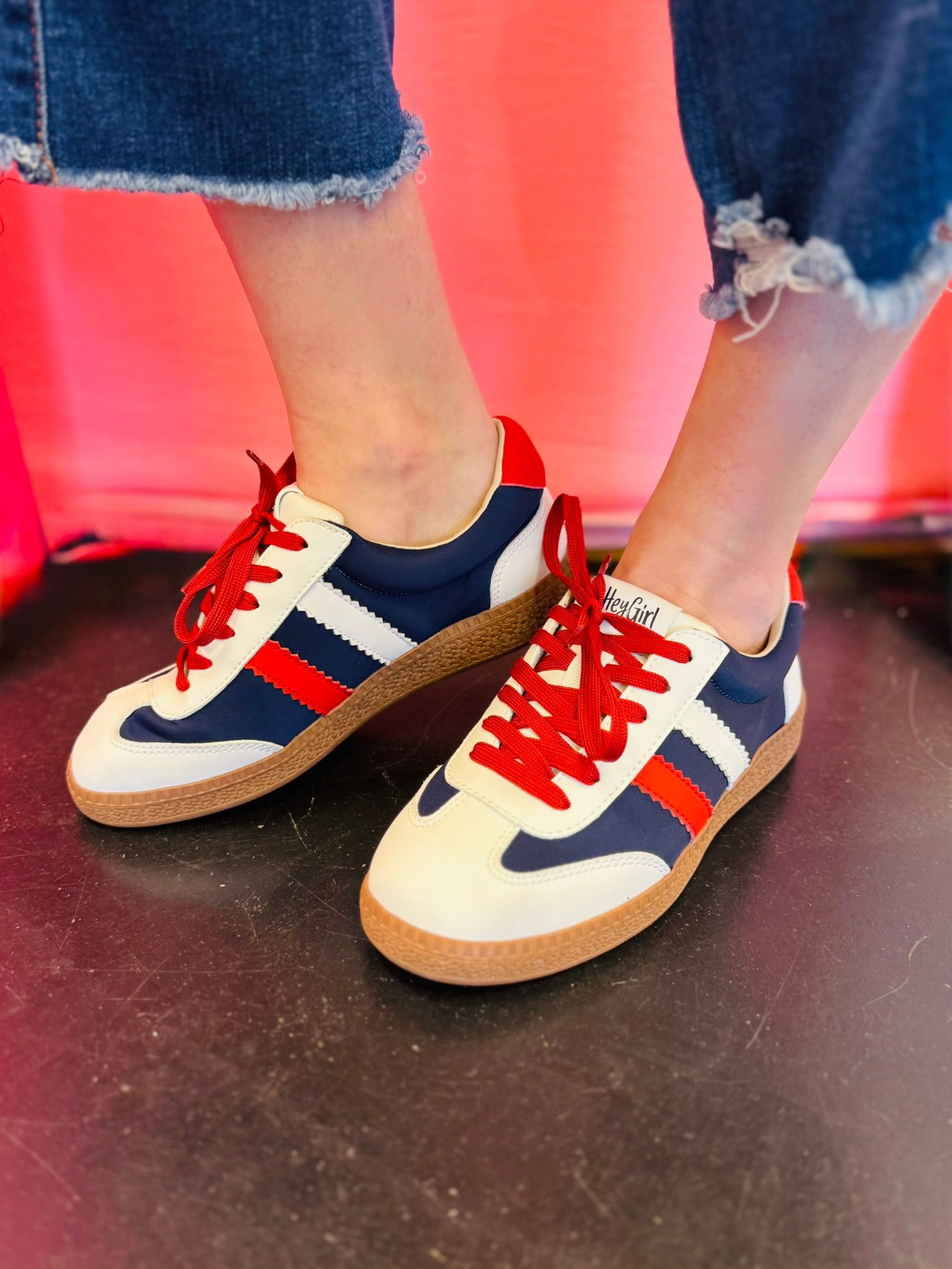 Corky's red white and blue lace-up sneakers with navy panels and gum sole.