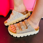 Rhinestone buckle slide sandals with three adjustable straps and sparkling detail