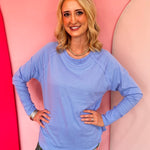 Cornflower Blue cotton raglan top with thumbhole cuffs.