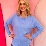 Cornflower Blue cotton raglan top with thumbhole cuffs.