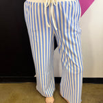 Cornflower blue and white striped wide leg pants with drawstring waist and pockets