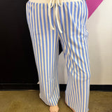 Cornflower blue and white striped wide leg pants with drawstring waist and pockets